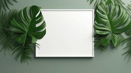 Tropical green leaf with monstera leaf decor  white frame,banner,card and artwork on green background for minimalist style. Generative Ai