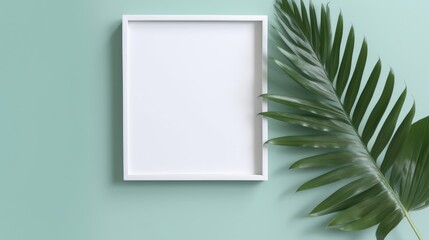 Palm leaf decor  white frame,banner,card and artwork on green for minimalist style. Generative Ai