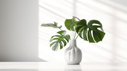 Obraz na płótnie Canvas Monstera leaf in ceramic potted on white background for decorative artwork and home interior design for minimalist style. Generative Ai