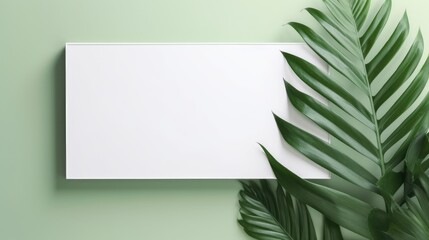 Palm leaf decor  white frame,banner,card and artwork on green for minimalist style. Generative Ai