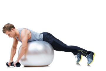 Man workout, pilates ball and balance for strong muscle and healthy training with fitness. Athlete person, body weightlifting with gym equipment and exercise isolated on transparent, png background