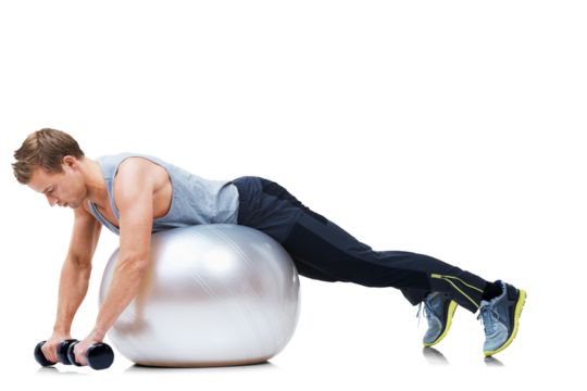 Man workout, pilates ball and balance for strong muscle and healthy training with fitness. Athlete person, body weightlifting with gym equipment and exercise isolated on transparent, png background