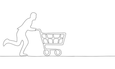 Man with shopping trolley, continuous line drawing art. Abstract simple shopping banner. One line continuous outline isolated vector illustration.