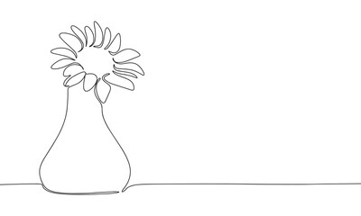 Flower in vase, continuous line drawing art. Abstract simple bouquet. One line continuous outline isolated vector illustration.