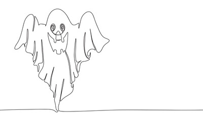Scary ghost continuous line drawing art. Abstract simple Halloween banner. One line continuous outline isolated vector illustration.