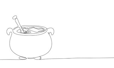 Potions cauldron continuous line drawing art. Abstract simple Halloween banner. One line continuous outline isolated vector illustration.
