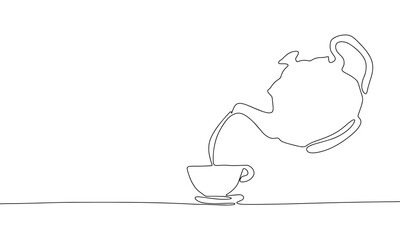 Teapot and cup continuous line drawing art. Abstract simple tea ceremony banner. One line continuous outline isolated vector illustration.
