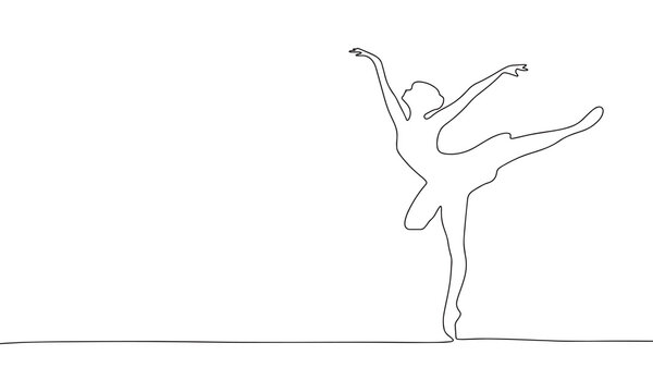 Ballerina continuous line drawing art. Abstract simple dancing woman. One line continuous outline isolated vector illustration.