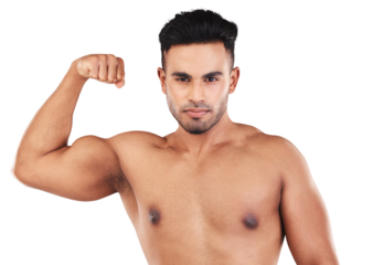 Flex, portrait of a man with strong muscles and isolated against a transparent png background. Serious body builder or muscular, fitness or motivation and shirtless male athlete for health wellness