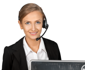 Close-up portrait of Young businesswoman in headset  isolated on white background