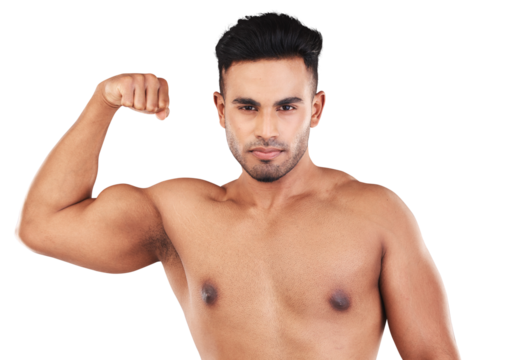 Flex, portrait of a man with strong muscles and isolated against a transparent png background. Serious body builder or muscular, fitness or motivation and shirtless male athlete for health wellness