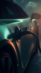 Electric futuristic car illuminated on a dark background. Ecology concept. Generative AI