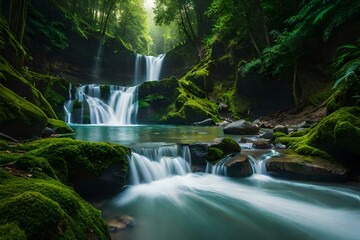 meditating in a natural setting, such as a forest with waterfall forest, with the sounds of nature in the background. Concept of harmony and connection with nature