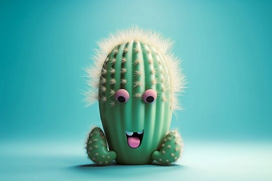 3D illustration of an happy cactus cartoon character with eyes, teeth and mouth, on a techno green blue background - AI Generative