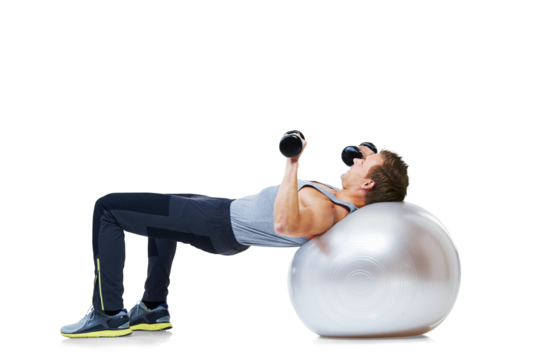 Fitness, weights and man on sports ball on isolated, png and transparent background for weightlifting. Strong body, dumbbells and male person with equipment for exercise, training or balance workout - Powered by Adobe