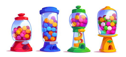 Cartoon set of candy machines isolated on white background. Vector illustration of red, blue, green, yellow retro vending dispensers with glass jars full of bubblegums, sweets, gumballs, chewing gum