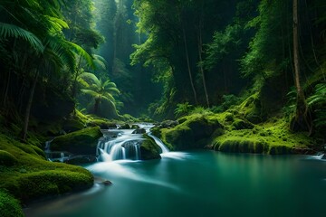 meditating in a natural setting, such as a forest with waterfall forest, with the sounds of nature in the background. Concept of harmony and connection with nature	