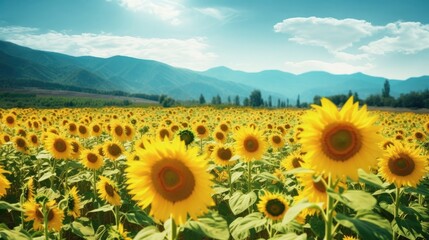 Fototapeta premium A landscape of sunflowers blooming in a sunflower field illuminated by sunlight, bright sky and mountains in the background. Generative AI