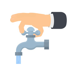 Water tap. Hand opens a water tap, vector illustration