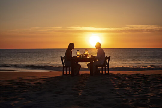 two people sitting at a table on the beach watching the sun set over the ocean with wine glasses in their hands