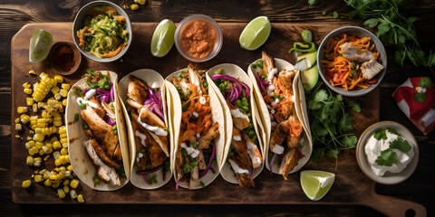 Four mexican street tacos with fish barbacoa and carnitas shot in panoramic composition