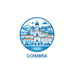 Portugal Coimbra modern city landscape skyline logo. Panorama vector flat shape abstract thin line blue icon