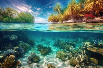 Underwater view of coral reef and tropical fish. Seascape, Generative AI