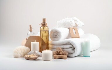 Fototapeta na wymiar Spa still life with towels, candles and massage oil on white background, Generative AI