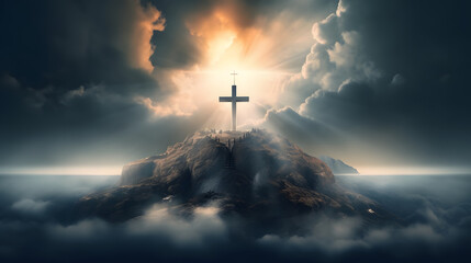 holy cross symbolizing the death and resurrection of Jesus Christ with The sky over Golgotha Hill is shrouded in light and clouds - obrazy, fototapety, plakaty