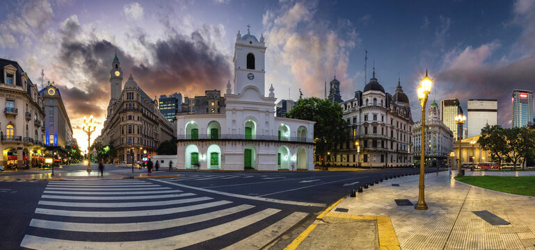 Cabildo and Cathedral as seen from Plaza de Mayo (May Square). Buenos Aires, Argentina-