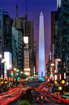 Corrientes Avenue, and obelisck at the background. Buenos Aires, Argentina
