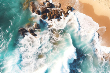 Crashing waves on the shoreline. Tropical beach surf. Abstract aerial ocean view, trendy design. Generative Ai content.