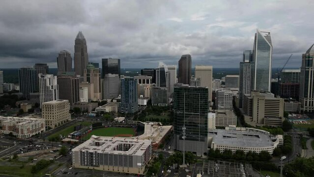 Drone Hyperlapse of Charlotte Skyline with Clouds Floating Over Buildings in 4K