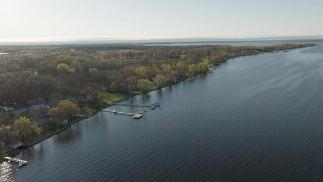 An aerial view of a Lake in Wisconsin stock video lake poygan
