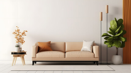 Interior living room wall mockup with leather sofa and decor on white background.