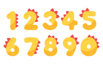 Colorful yellow and red dinosaur cartoon number for kids, from zero to nine. Vector illustration.