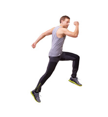 Runner, jump and man with isolated with action on a transparent, png background with fitness....