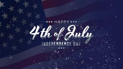 Happy 4th of July greeting animation 2023, lettering text with waving USA flag background and fireworks splash, Happy Independence Day united states of america concept, for banner, feed, stories - Powered by Adobe