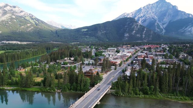 4K Drone Revealing shot, Town of Banff, Morning shot.  Banff National Park, Alberta, Canada.