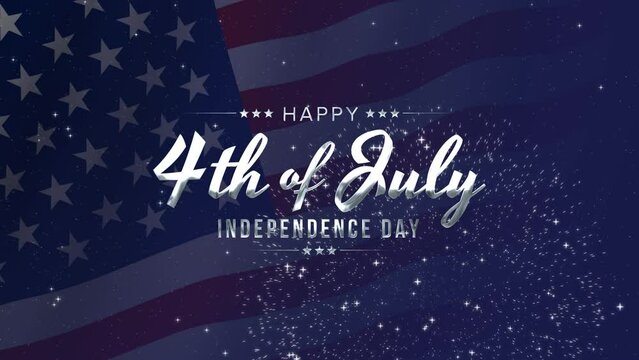 Happy 4th of July greeting animation 2023, lettering text with waving USA flag background and fireworks splash, Happy Independence Day united states of america concept, for banner, feed, stories