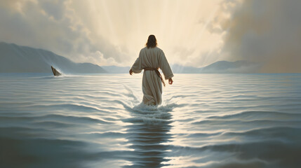 Jesus Christ walking on water on the sea of Galilee, - obrazy, fototapety, plakaty