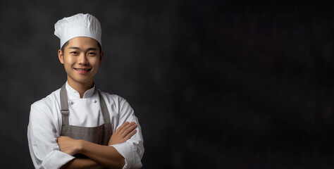 Naklejka premium a smiling young men wearing a chef clothes in dark grey background generative ai