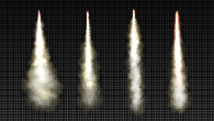 Rocket launch smoke trail with fire flame vector. Isolated realistic jet takeoff explosion speed effect. White spacecraft spray set with steam track in air. Airplane start engine burst take off. © klyaksun