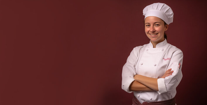 a smiling young woman wearing a chef clothes in dark pink background generative ai