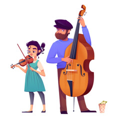 Street musician band people vector illustration. Happy man playing contrabass with violin girl earn money on concert or festival. Player group live performance isolated character design clipart