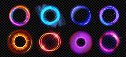 Optical halo flares with neon light vector effect set isolated on transparent background. Circle lens ring with glitter 3d digital design. Radiant speed motion design. Magic energy vortex with spark - obrazy, fototapety, plakaty