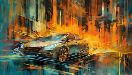 Abstract illustration of an electrical vehicle driving through a city