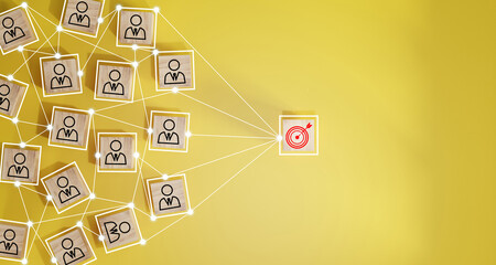 Red dartboard and black arrow connection linkage with human icon for customer focus target group and customer relation management concept.