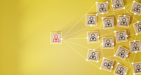 Wooden cube block print screen person icon which link connection network for organisation structure...