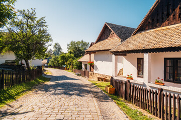Fototapeta na wymiar Historical village center of Holloko, region Northern Hungary. unesco. Traditional catholic church of Holloko